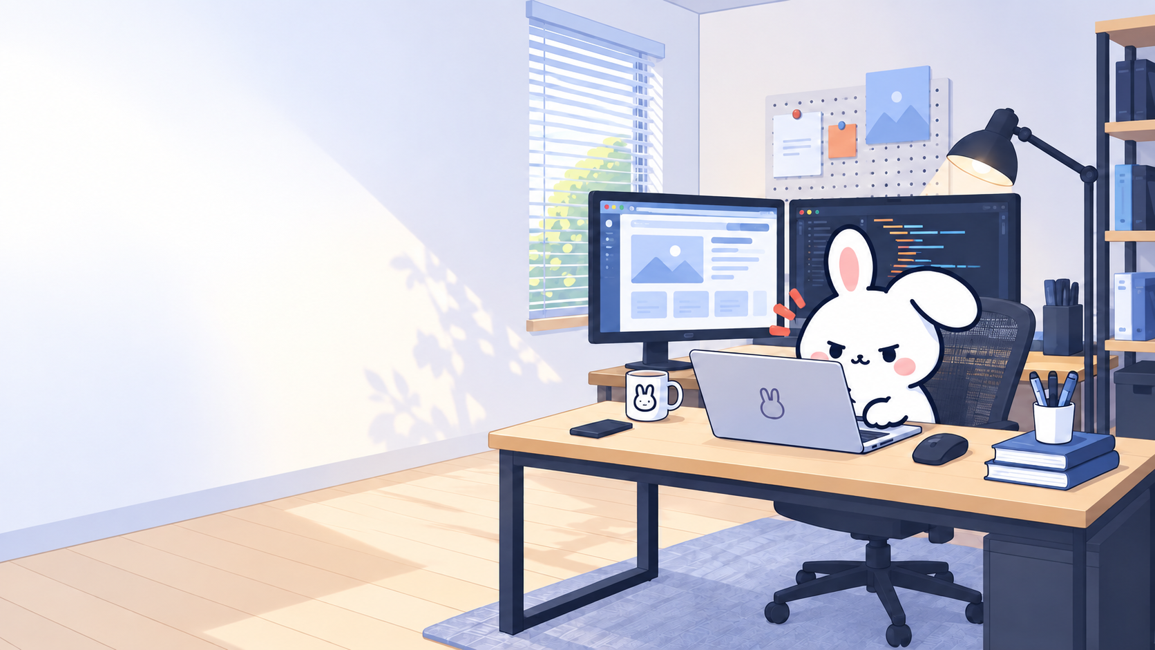 2枚のモニターがある作業部屋で、ノートPCに向かうウサギ。