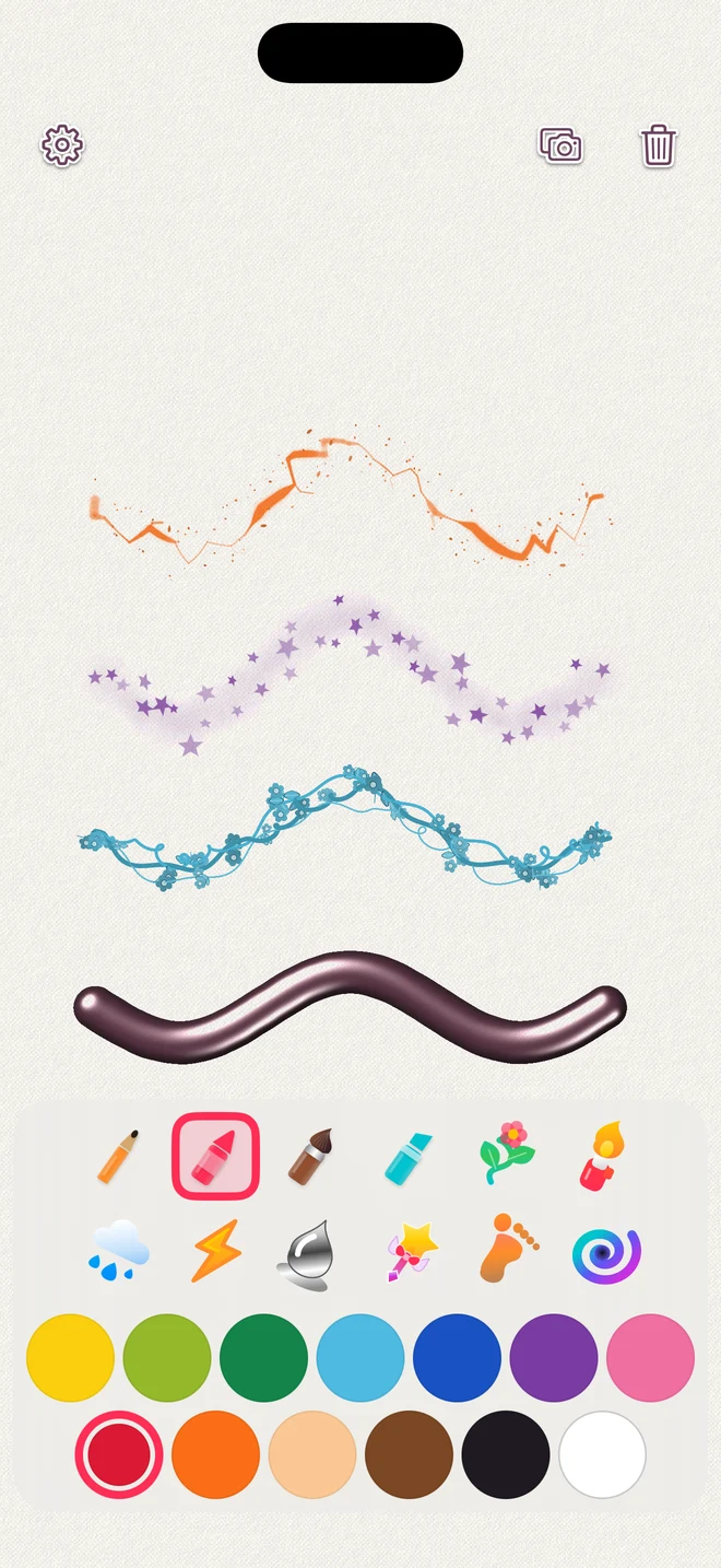 星や光などの描画を楽しめるPyonDrawの画面。下部に道具と色の選択欄があります。