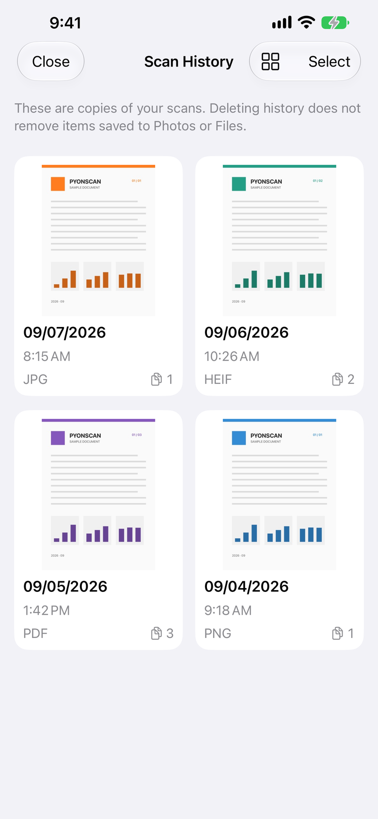 PyonScan — Scan history